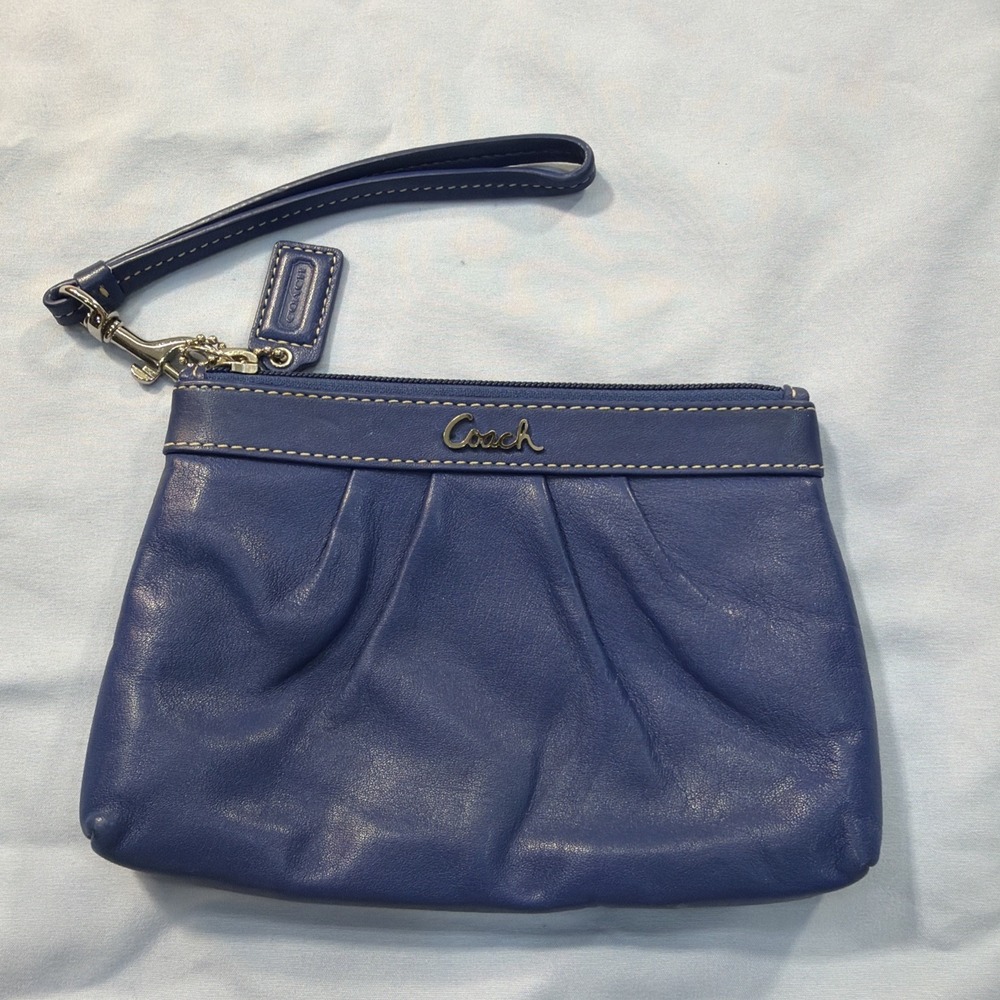 COACH Royal Blue Leather Pleated Top-Zip Wristlet Wallet Purse